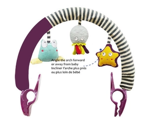 Adjustable baby stroller arch toy with plush animals and large purple attachment clips
