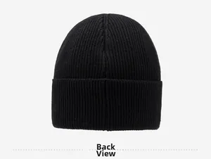 Back view of a black ribbed knit beanie showing high-quality warm texture details
