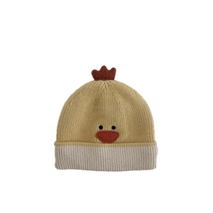 Ginger yellow baby knit chicken hat with red comb and embroidery for winter warmth