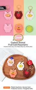 Porte-clés série animaux et fruits en cuir PU avec anneaux dorés et porte-cartes