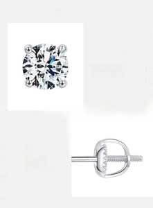 Macro detail of classic four-prong 925 silver stud earring with 1ct moissanite diamond