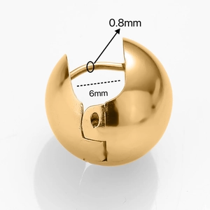 Golden stainless steel spherical ball earrings with 0.8mm gauge and 6mm inner diameter