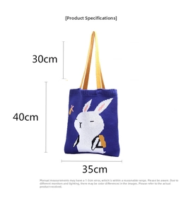 Blue knit tote bag with white bunny pattern showing dimensions: 35cm width and 40cm height