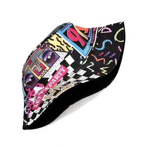 Close-up of 90s vintage pop art graffiti print on durable cotton bucket hat fabric