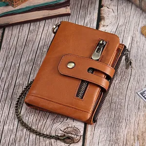 Vintage Genuine Leather Wallet RFID Blocking Anti Theft Metal Chain Card Holder Multiple Zipper Cowhide Purse
