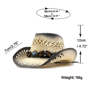 Detail of woven straw cowboy hat with turquoise bead band and size specifications
