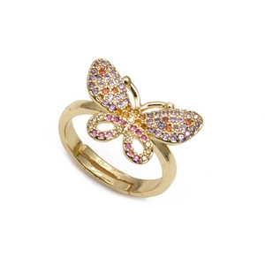 Bague papillon ajustable en métal doré sertie de zircons cubiques multicolores pavés
