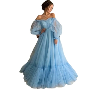 Light blue off-shoulder tulle ball gown with puff sleeves and layered mesh skirt