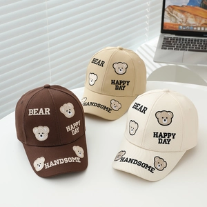 Embroidered bear kids baseball caps in coffee, khaki and beige cotton canvas