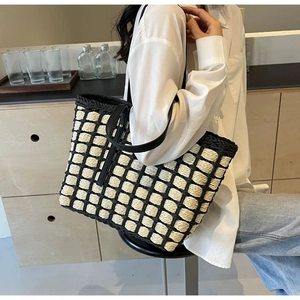 Straw Tote Bag Handwoven Contrast Grid Pattern Large Capacity Shoulder Bag With PU Leather Strap For Women Beach Holiday