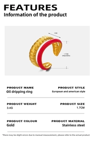 Detail view of red enamel and gold stainless steel ring with size and weight specs