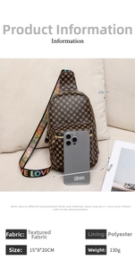 Detailed view of monogram chest bag showing 15x8x20cm dimensions and LOVE strap