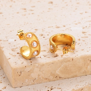 Vintage 18k gold plated stainless steel C-shape earrings with inlaid white pearls