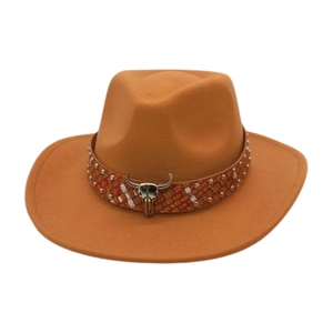Western cowboy jazz hat in burnt orange felt with ethnic band and silver bull skull charm