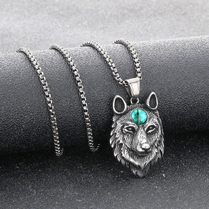Punk wolf head pendant necklace with opal stone and vintage finish on box chain