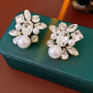 Vintage Palace Style Floral Cluster Stud Earrings With Rhinestone Imitation Artificial Pearl And Silver Earring Post For Women