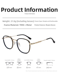 Tabella taglie dettagliata per occhiali tondi TR90 con peso e dimensioni precise