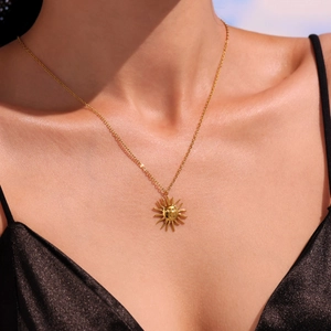 18k gold plated stainless steel sun goddess pendant necklace on professional model