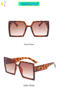 Detail view of leopard print square kids sunglasses with gradient brown lenses