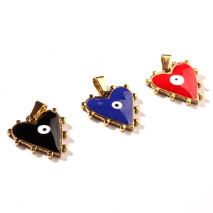 Gold-plated stainless steel heart pendants with enamel evil eye design in black, blue and red