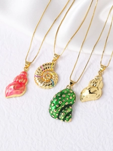Detail of four seashell necklaces with 18k gold plating and colorful enamel pendants