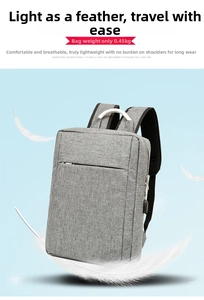Detail of lightweight 0.45kg grey travel backpack with built-in USB charging port