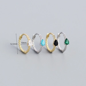 Minimalist S925 silver twist hoop earrings with colorful teardrop stones in 10mm size