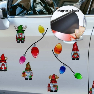 Magnetic back detail of Christmas gnome and colorful bulb car decoration stickers
