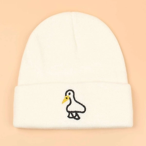 Winter white knit beanie hat with cute cartoon duck embroidery on the cuff