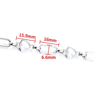 Polished stainless steel heart and oval link chain with precise dimension measurements