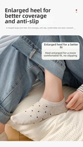 Detailed view of U-shaped reinforced heel on polka dot cotton invisible socks