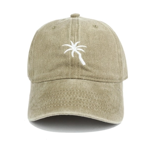 Beige washed cotton baseball cap with white palm tree embroidery and sun protection