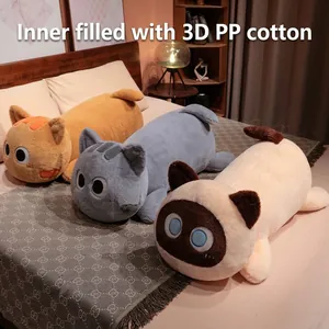 Three plush cat pillows in orange and grey filled with soft 3D PP cotton on a cozy bed