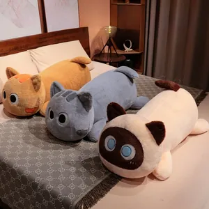 Three plush cat pillows in orange and grey filled with soft 3D PP cotton on a cozy bed