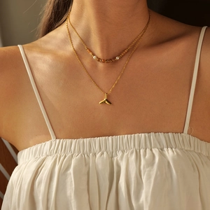 18k gold plated stainless steel double layer necklace with fishtail pendant and pearls