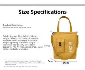 Detailed size specifications for yellow canvas tote bag with NICE lettering