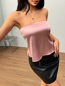 Elegant pink satin tube top for women with a sleek sleeveless cropped fit and glossy finish
