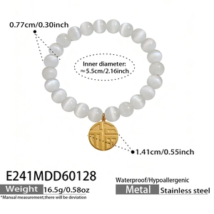 Detailed view of cat eye bead bracelet with golden Fu pendant and technical measurements