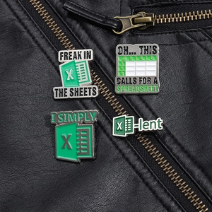 Detailed close-up of green Excel-themed enamel pins pinned on a black leather jacket