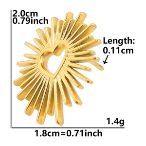 Macro shot showing dimensions of golden heart-shaped sunburst earring in 304 stainless steel