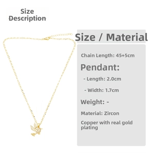 Detail view of bird pendant with white zircons showing 45+5cm chain length and 2.0x1.7cm size