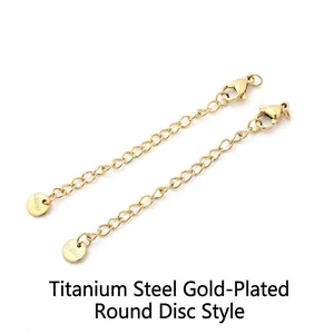 Macro view of polished 18K gold plated titanium steel extension chains with lobster clasps