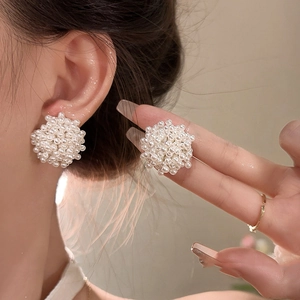 Faux Artificial Pearl Cluster Stud Earrings With Silver Earring Post French Retro Flower Sphere Vintage Elegant Women Jewelry