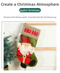 Detail of Christmas stocking featuring 3D Santa Claus and HO HO embroidery on red fabric