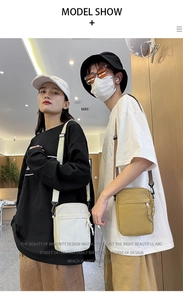 Neutral canvas crossbody bags in white and yellow shown on models for couple outfit