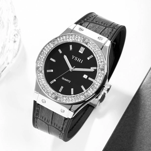 Detailed close-up of a luxury women's quartz watch with diamond bezel and black leather strap