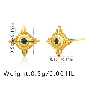 Detail view of 18K gold starburst stud earrings with blue gemstone and size dimensions