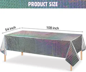 Size chart showing 54x108 inch dimensions for the holographic rainbow party tablecloth