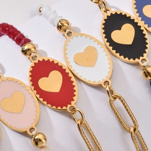 Multicolor heart pendant stainless steel bracelets with beads and gold paperclip chains