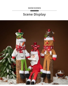 Detailed view of 3D Santa, Snowman and Reindeer wine bottle covers with mini scarves